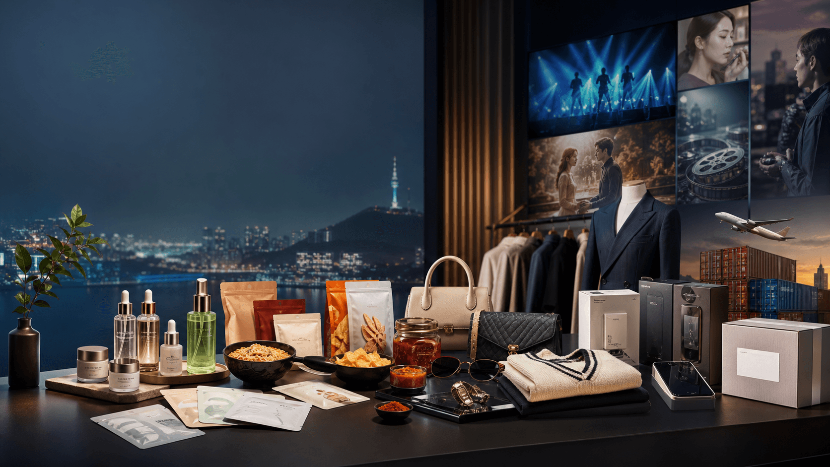 Korean product samples including skincare, packaged food, fashion, electronics, and export boxes