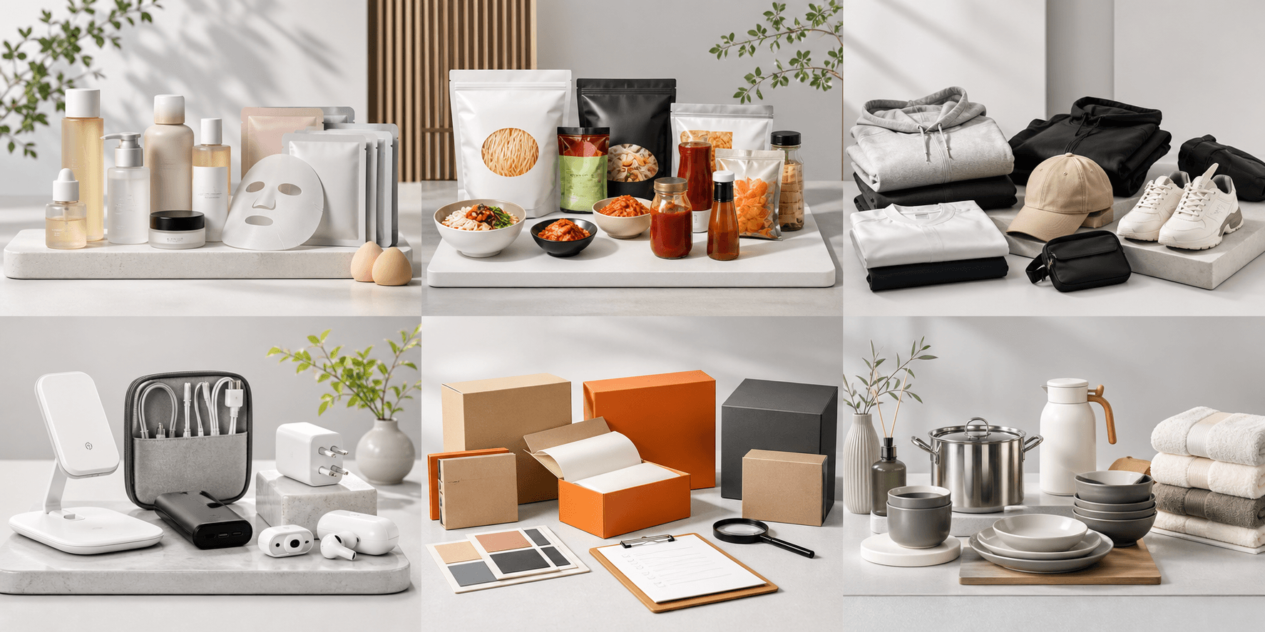 Korean product samples including cosmetics, packaged food, fashion accessories, electronics, and home goods